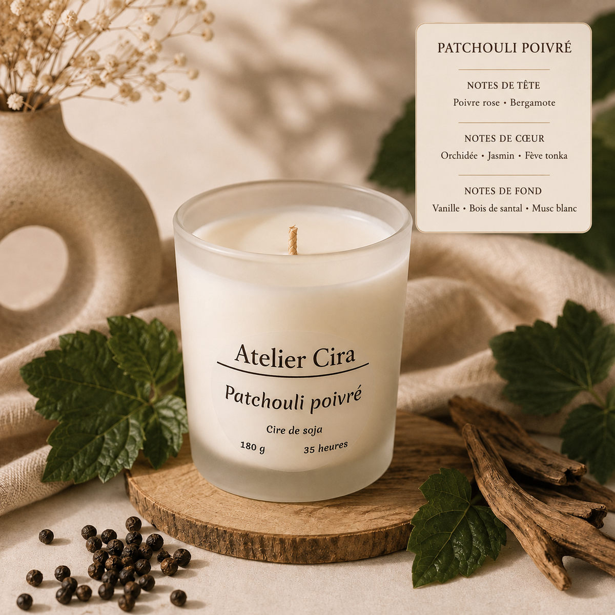 Bougie parfumée artisanale en verre dépoli – 180 g