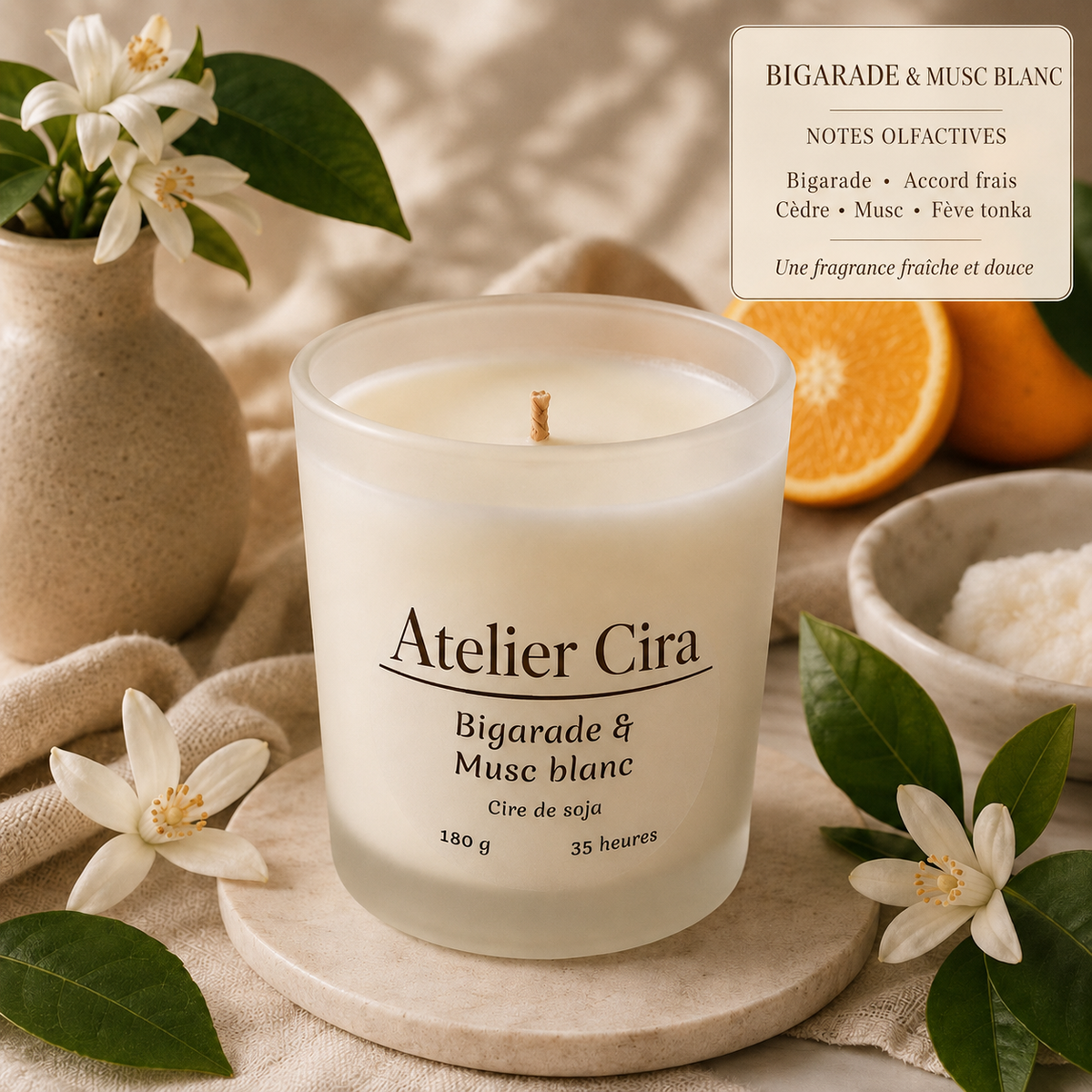 Bougie parfumée artisanale en verre dépoli – 180 g