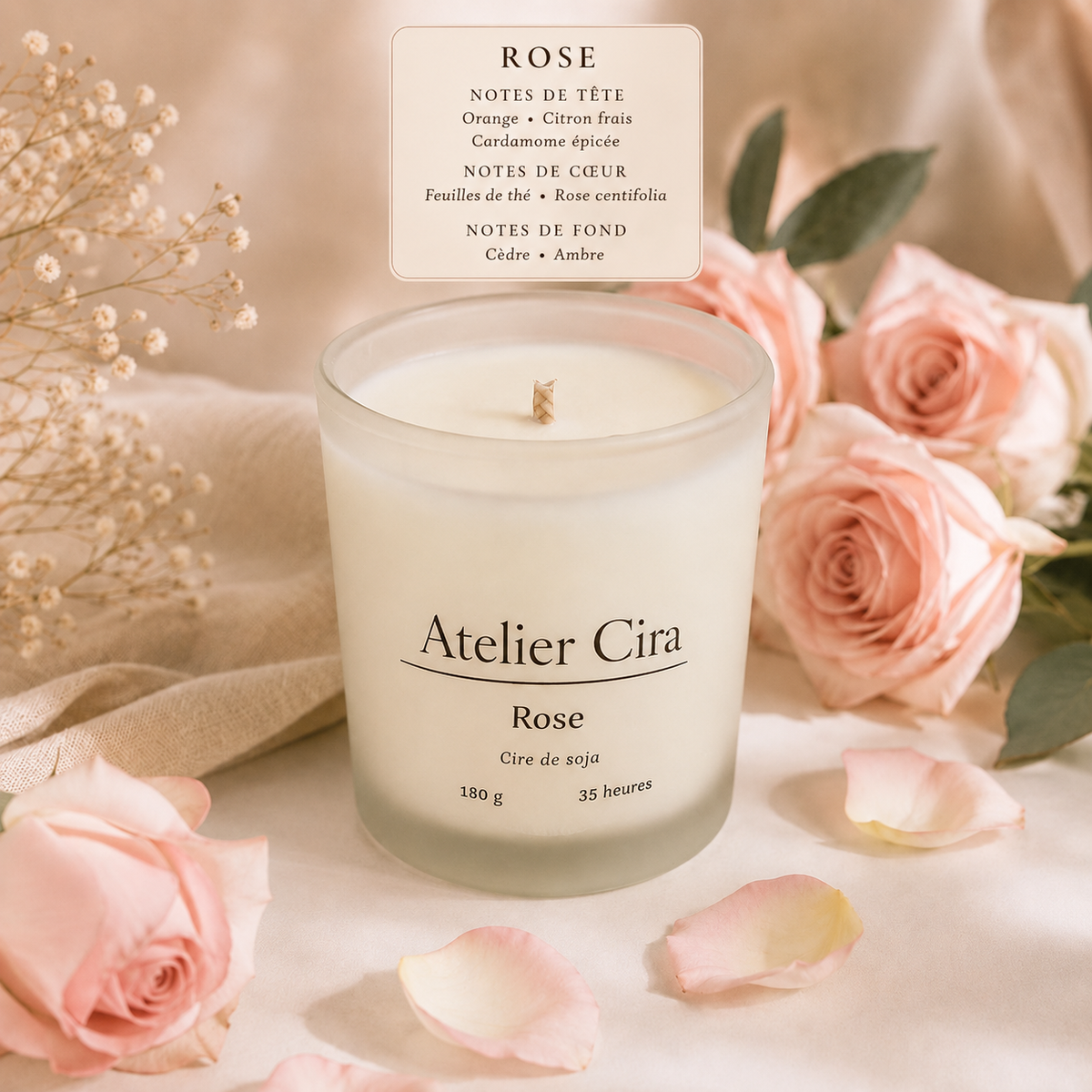 Bougie parfumée artisanale en verre dépoli – 180 g