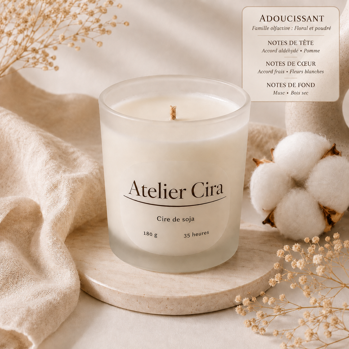 Bougie parfumée artisanale en verre dépoli – 180 g